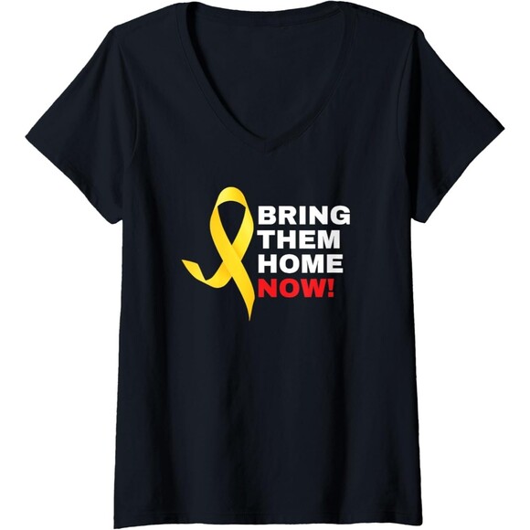 Bring them Home Now Yellow Ribbon Israel  Womens  medium V-Neck T-Shirt Black - Picture 1 of 2